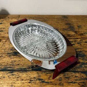 Elegant Oval Glass Dish with Bakelite and Silver Accents